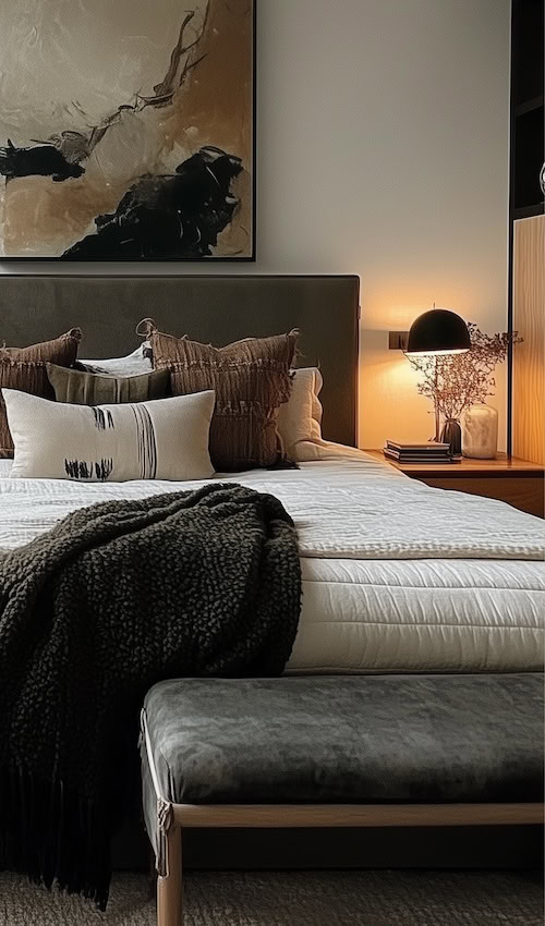 cozy bedside lighting in moody bedroom feels warm and inviting