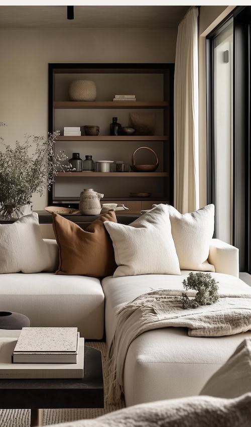 cozy and elegant living room decorated in dark and moody style with modern elements white sofa, brown cushions, autumn color pallette