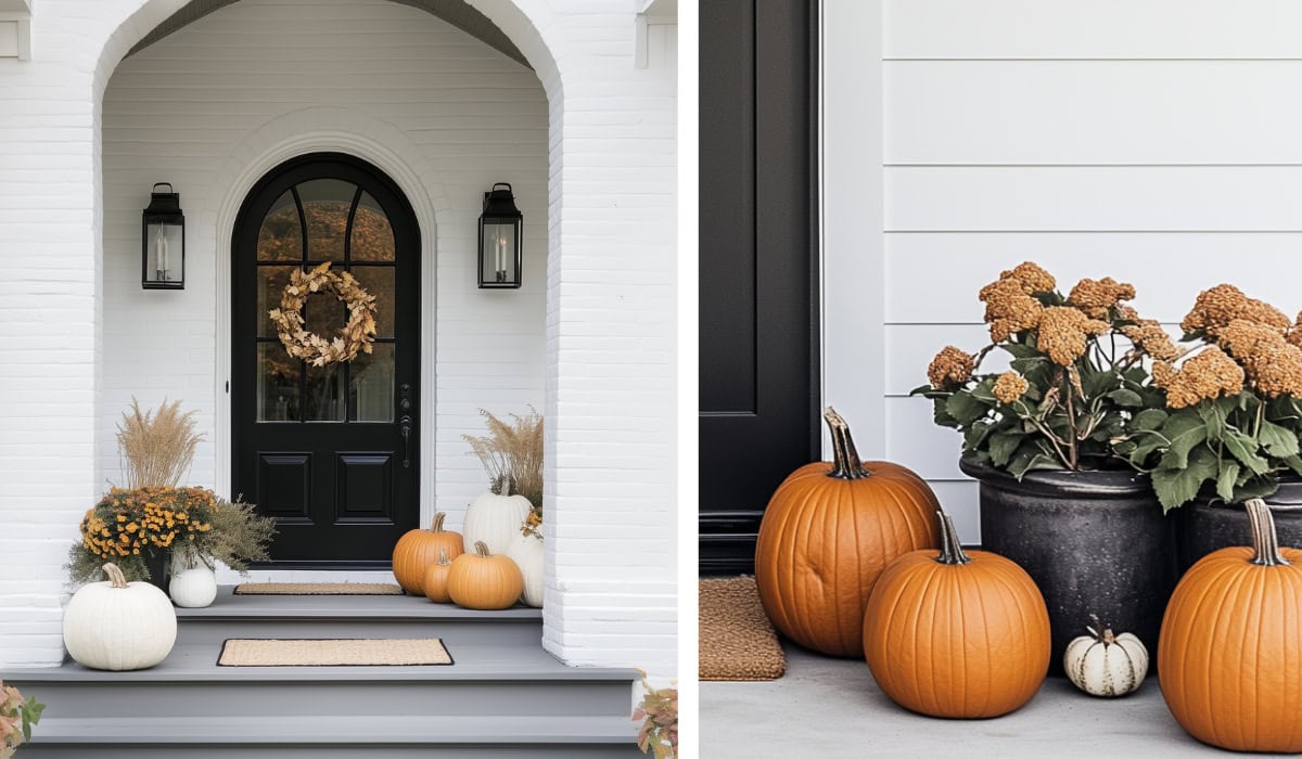 fall front porch decor ideas examples showing two homes front doors decorated for Fall