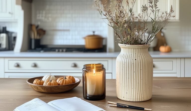 candle, notebook and autumn flowers in fall kitchen decor