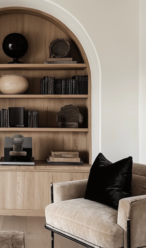 cozy seating area in primary suite with built-in shelves decorated with moody Fall decor