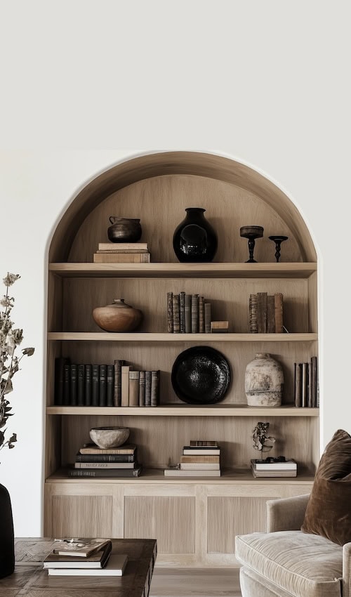 Arch built-in shelf in elegant dark and moody living room decorated with books, ceramics, and elegant decor