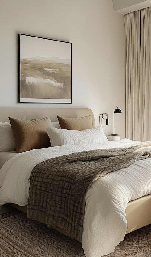 bedroom decorated with moody color pillows and blankets while keeping the walls beige or white