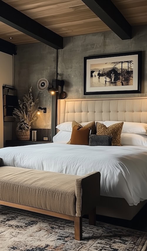 a bedroom decorated in the modern moody style