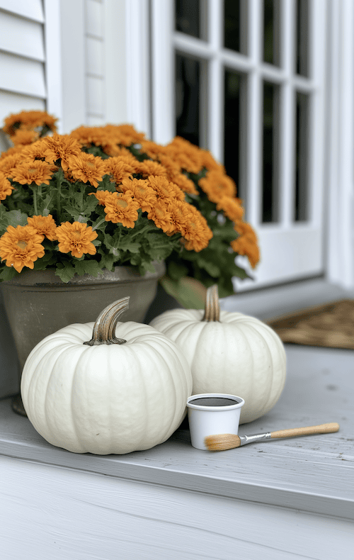 Two newsly painted pumpkins on porch on a Fall day