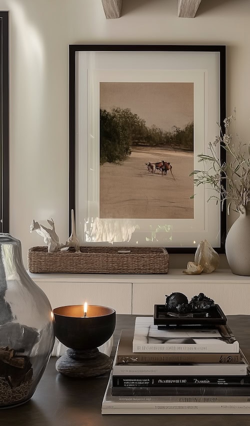 Art on shelf beside candle light in sophisticated moody living room