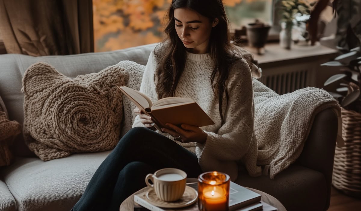 woman reads a book by candle light on Fall morning learning about Things To Do In October: Self-Care, Home-Care, and Fun Fall Ideas