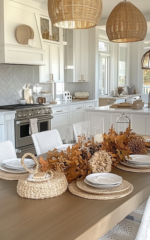 dining table decorated with fall kitchen decor