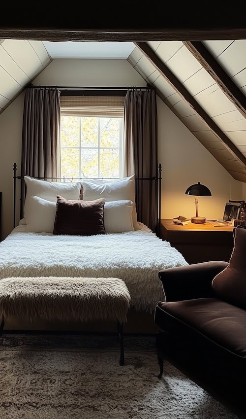 attic bedroom gets elegant dark and moody makeover for Fall