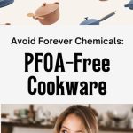 woman sips soup she made in pot from PFOA-free cookware brands with the words avoid forever chemicals PFOA-Free cookware above