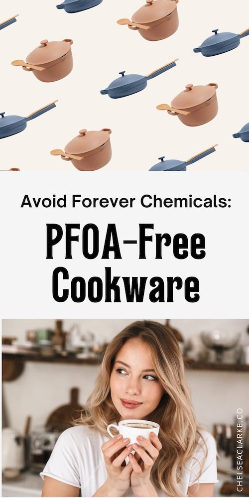 woman sips soup she made in pot from PFOA-free cookware brands with the words avoid forever chemicals PFOA-Free cookware above