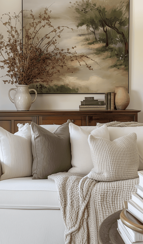 credenza with wall decor behind sofa