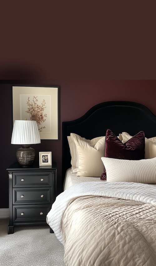 bed with black headboard in bedroom with moody burgundy walls