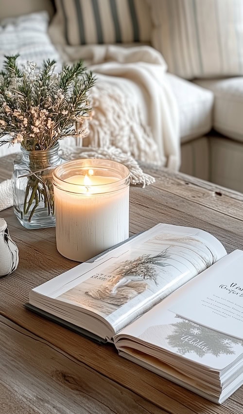 open book on coffee table beside twinkling candle on winter morning