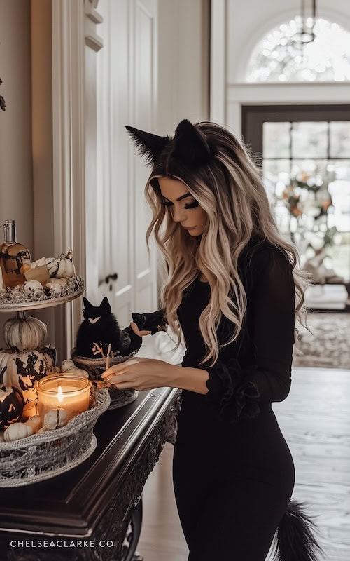 women wearing a cat costume enjoys fun things to do in October