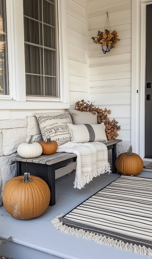 Cozy blanket on a bench fall front porch decor