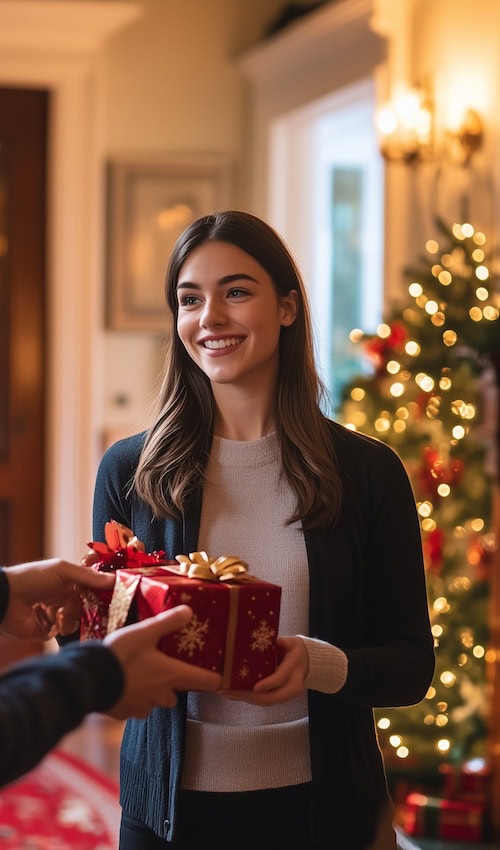 hostess of party smiles as a guest hands her a classy hostess gift