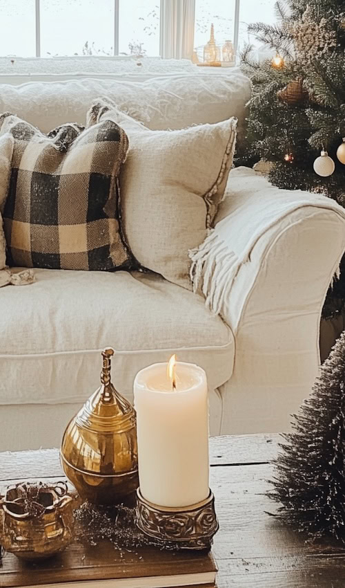 coffee table in living room decorated with classy christmas decor