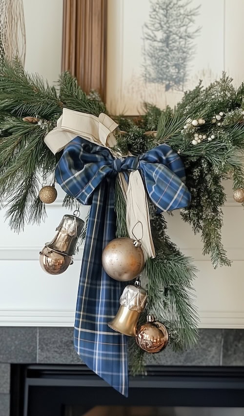 vintage ornaments and plaid bow on christmas mantel 