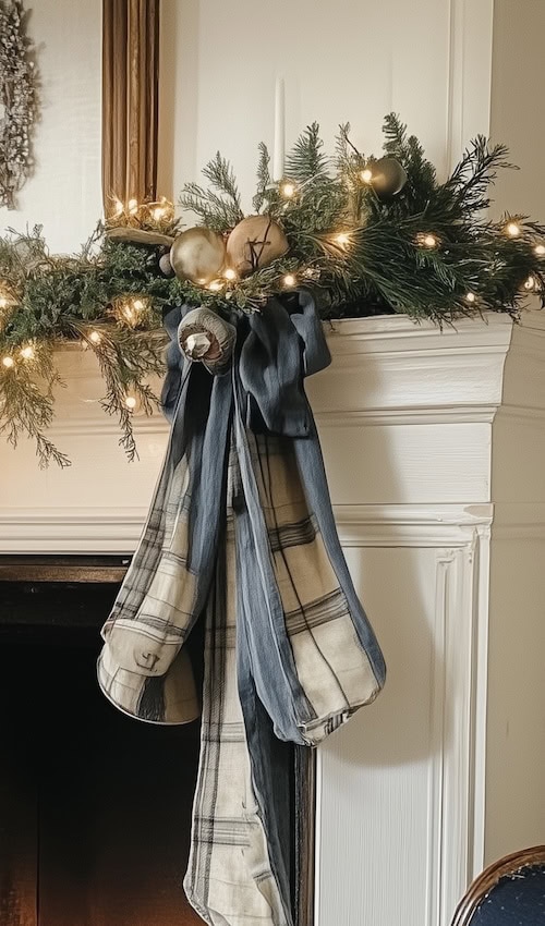 blue plaid ribbon christmas mantel garland display ideas