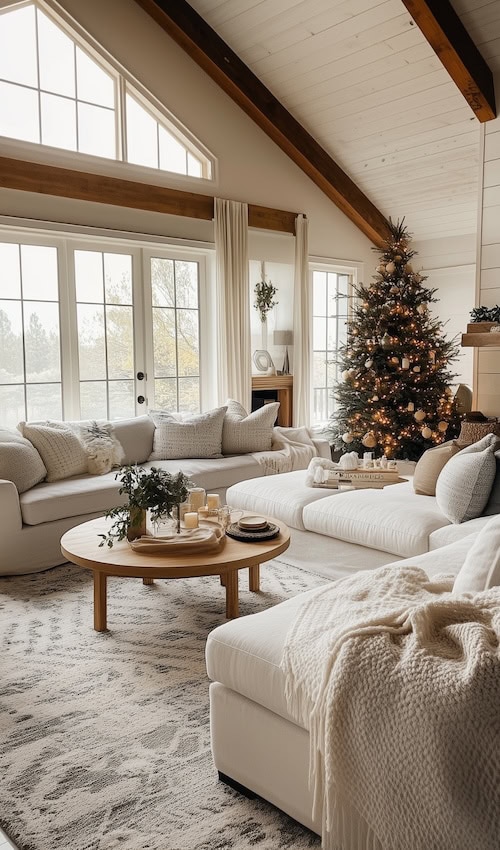 wide angle image of a living room decorated for Christmas with Christmas tree and gifts on winter morning