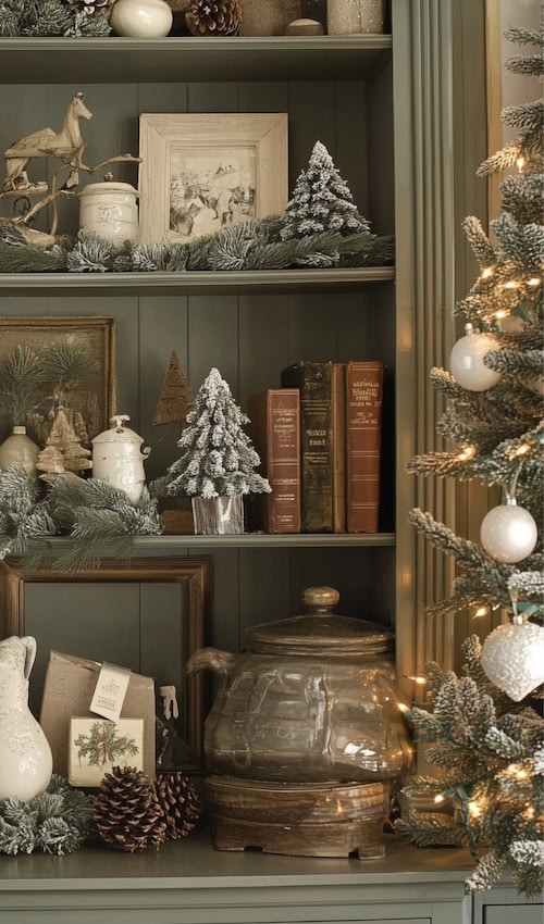 collection of elegant christmas decor on a green bookshelf