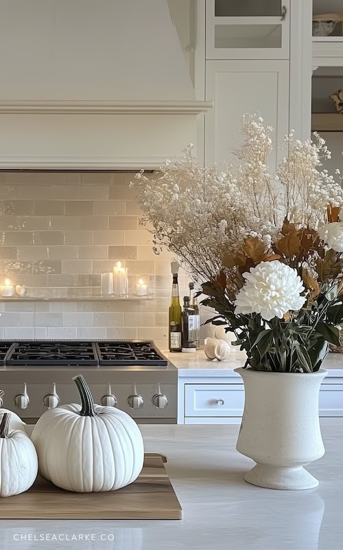 white pumpkins in classy halloween kitchen decor