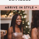 two women exchange classy hostess gift ideas at a holiday party