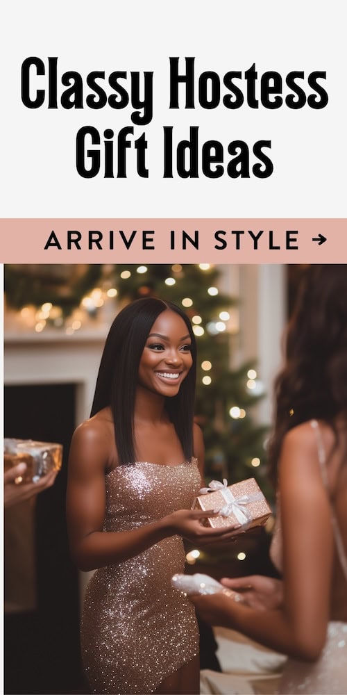 two women exchange classy hostess gift ideas at a holiday party