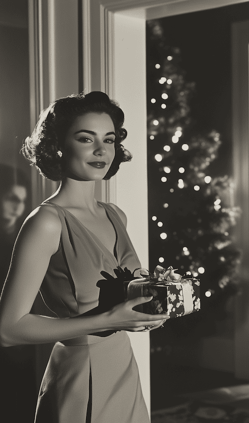 black and white photograph of woman in 1950s  hosting a Holiday dinner party holding a hoistess gift she received from a guest