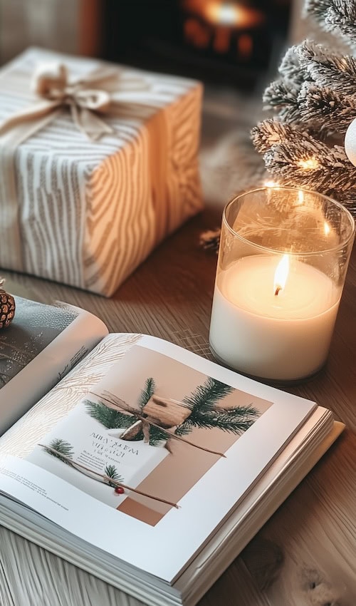 candle and Christmas gift on a table