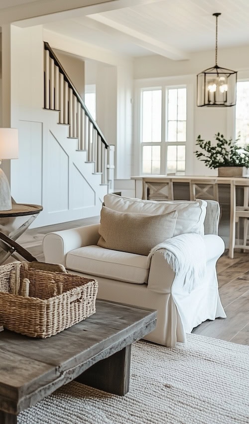 cozy chair in a modern farmhouse living room