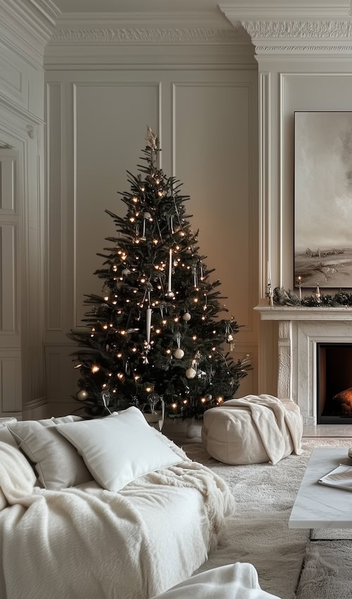 a nicely decorated Christmas tree stands in a french country cottage living room