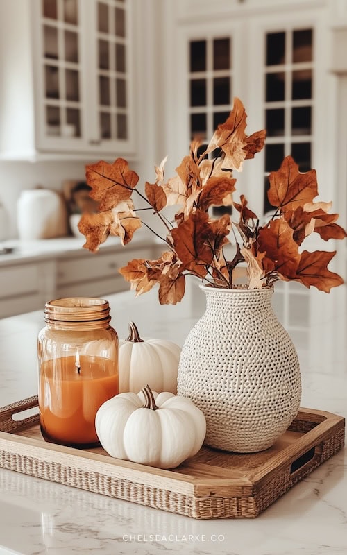 scented candle in fall kitchen decor