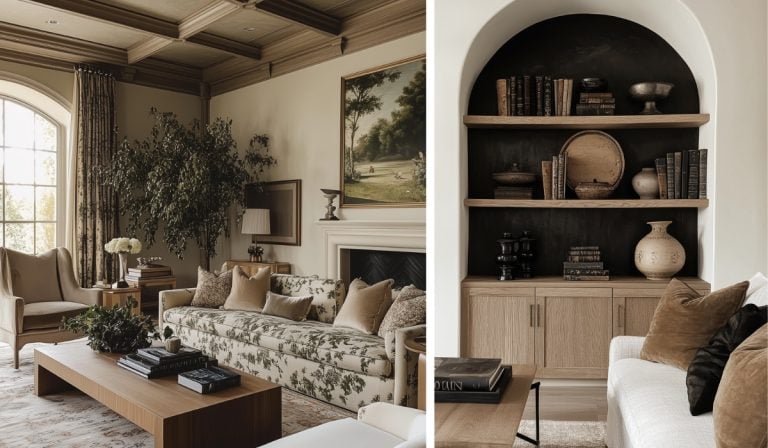 two examples of elegant modern moody living rooms