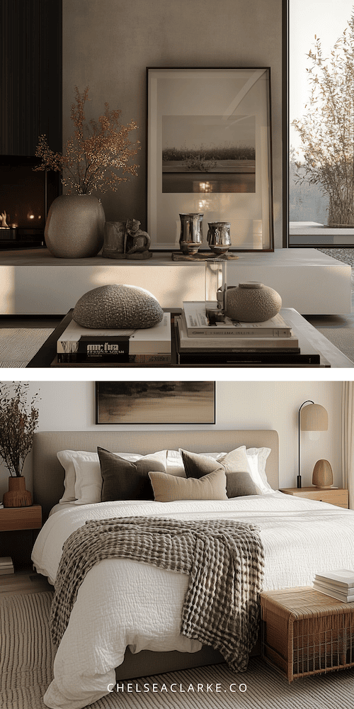 two images of a primary suite with a  dedicated seating are, similar to its own living room in the bedroom