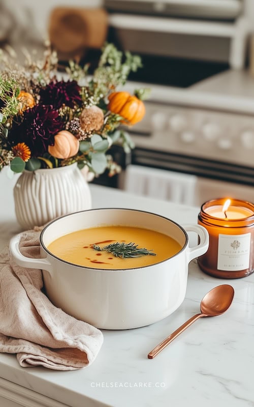 squash soup cools on a kitchen island surrounded by fall kitchen decor