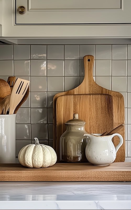 farmhouse kitchen decorated for fall with white pumpkin on counter beside wood cutting board and ceramic jars