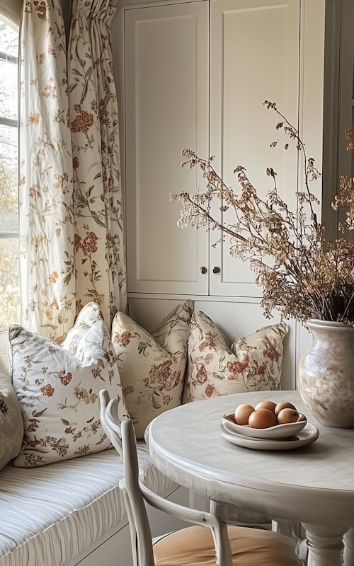 cozy breakfast nook in kitchen decorated with Fall colors