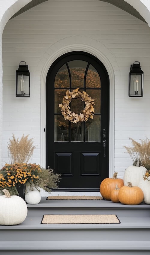 A stylish home is decorated for Fall with a Fall wreath on the front door, and a classy array of pumpkins and seasonal plants on the doorstep