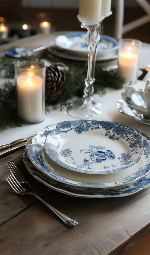 blue and white plates in french country christmas cottage dining table setting