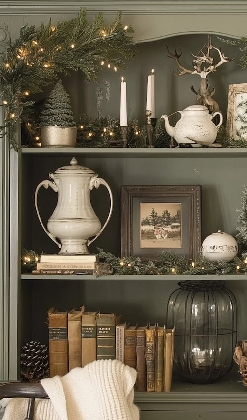 elegant vintage ornaments on bookshelf french country Christmas decor