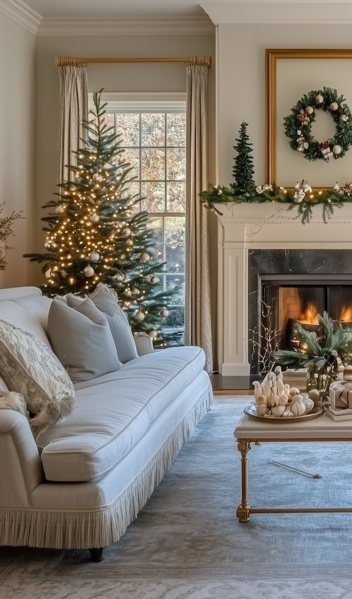 cozy French country living room decorated for Christmas