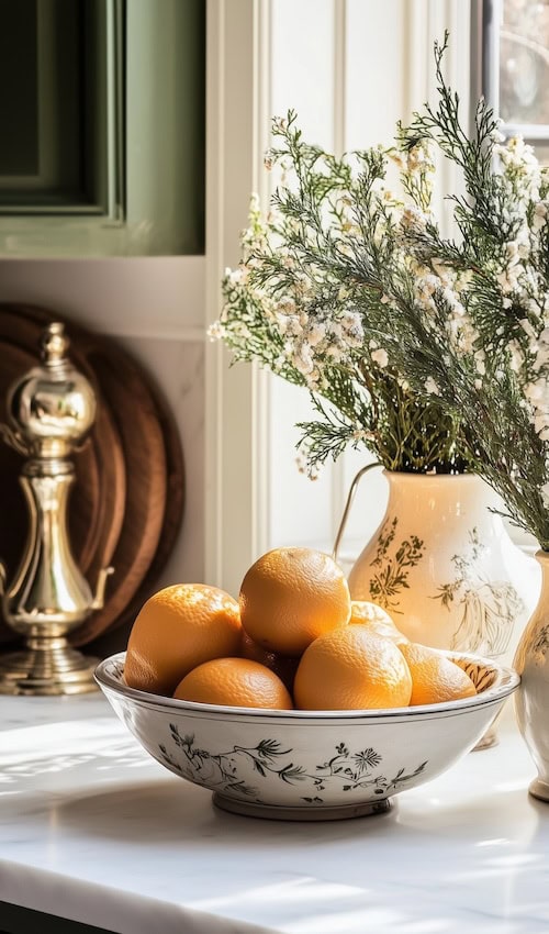 Vintage vase with lavender stems and bowl of mandarin oranges on French country kitchen countertop