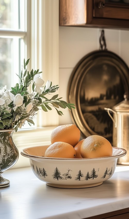 vintage christmas cottage decor and mandarin oranges