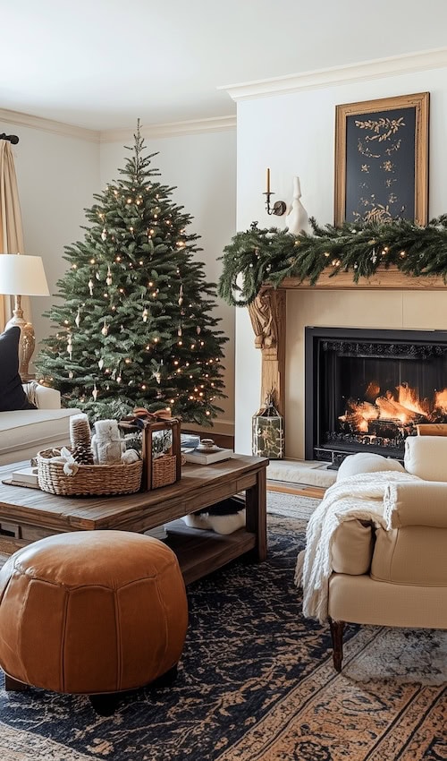 elegant christmas tree in french country cottage living room