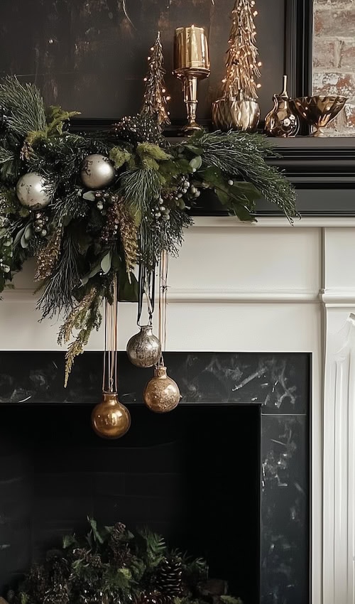 vintage ornaments hang from mantel decorated for Christmas