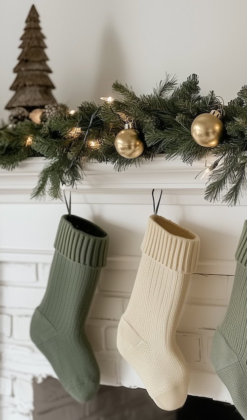 stockings hang from french country christmas mantel with stockings