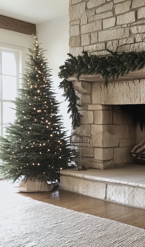 simple Christmas tree beside a stone fireplace