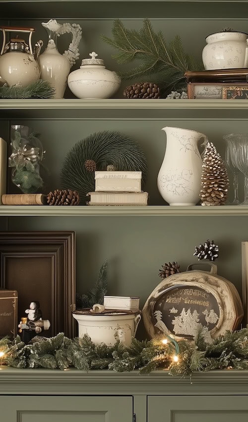 French country Christmas shelf styling